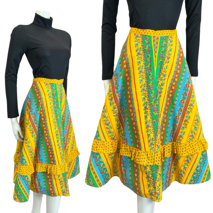 VTG 60S 70S YELLOW BLUE RED GREEN AZTEC FLORAL STRIPE RUFFLE MIDI SKIRT 8 10 S