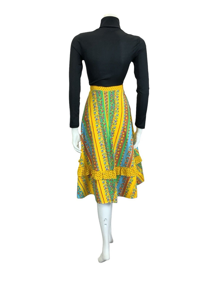 VTG 60S 70S YELLOW BLUE RED GREEN AZTEC FLORAL STRIPE RUFFLE MIDI SKIRT 8 10 S