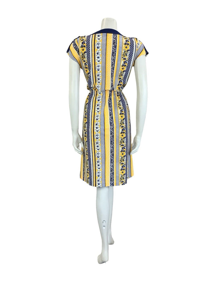 VTG 60S 70S YELLOW BLUE WHITE GEOMETRIC STRIPE FLORAL TOGGLE POCKET DRESS 10