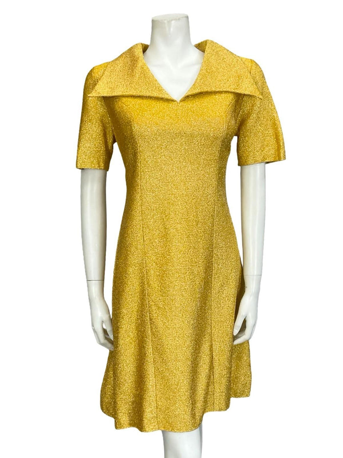 VTG 60S 70S YELLOW GOLD LUREX GLITTERY DAGGER COLLAR MOD SHIRT SHIFT DRESS 10