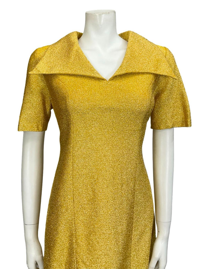 VTG 60S 70S YELLOW GOLD LUREX GLITTERY DAGGER COLLAR MOD SHIRT SHIFT DRESS 10