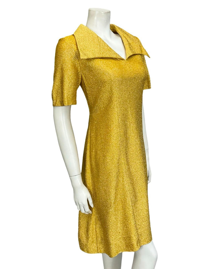 VTG 60S 70S YELLOW GOLD LUREX GLITTERY DAGGER COLLAR MOD SHIRT SHIFT DRESS 10