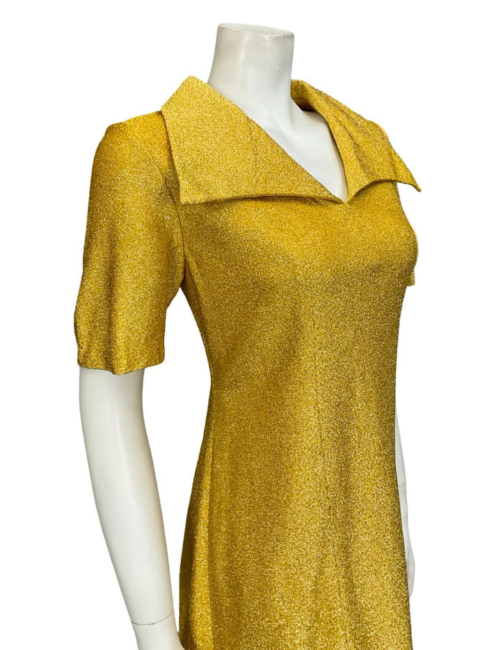 VTG 60S 70S YELLOW GOLD LUREX GLITTERY DAGGER COLLAR MOD SHIRT SHIFT DRESS 10