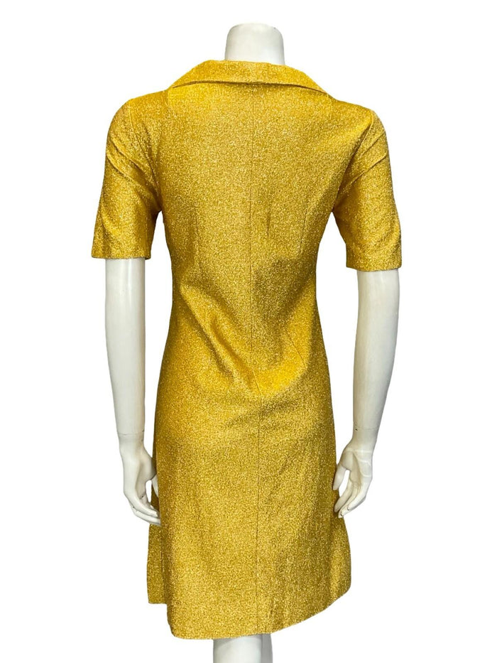 VTG 60S 70S YELLOW GOLD LUREX GLITTERY DAGGER COLLAR MOD SHIRT SHIFT DRESS 10