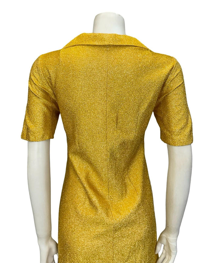 VTG 60S 70S YELLOW GOLD LUREX GLITTERY DAGGER COLLAR MOD SHIRT SHIFT DRESS 10