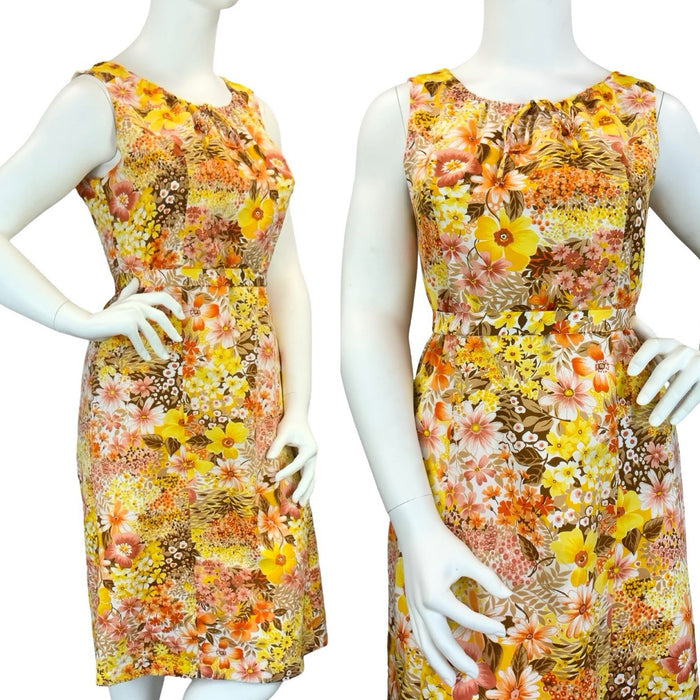 VTG 60S 70S YELLOW ORANGE BROWN RETRO FLORAL TIE WAIST MOD MIDI DRESS 14
