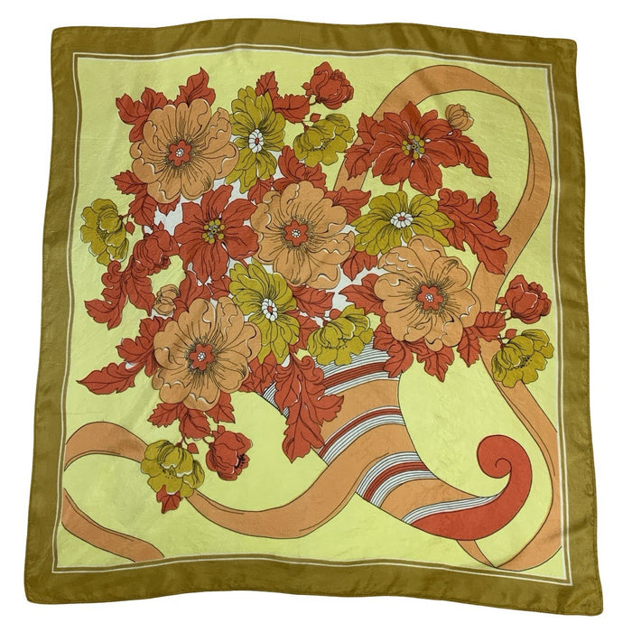 VTG 60S 70S YELLOW ORANGE CREAM FLORAL CORNUCOPIA RIBBON SCARF