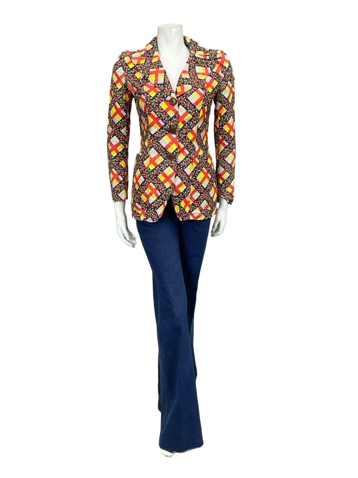 VTG 60S 70S YELLOW RED GREEN BLACK PLAID MOD FLORAL BLAZER SHIRT XS 6 8