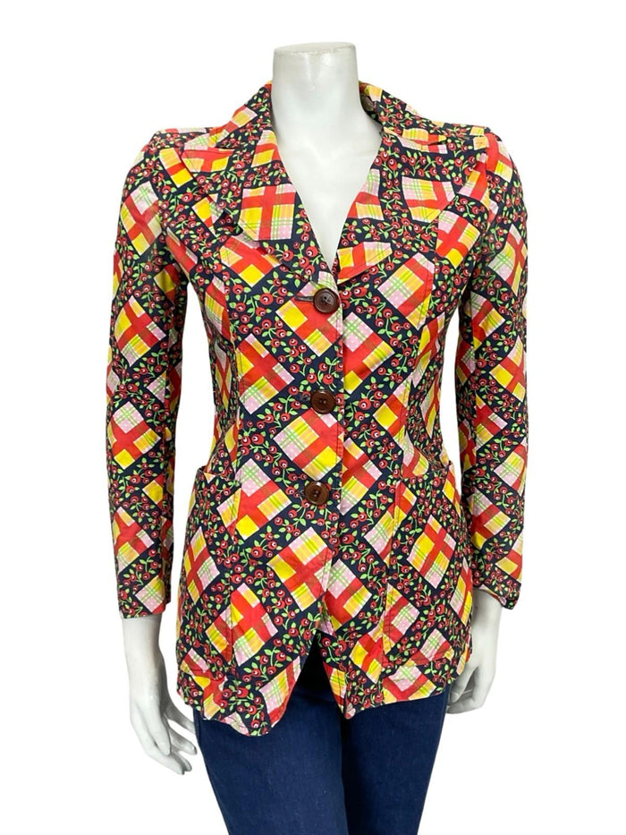 VTG 60S 70S YELLOW RED GREEN BLACK PLAID MOD FLORAL BLAZER SHIRT XS 6 8