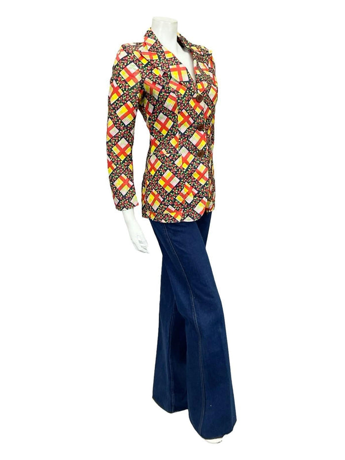 VTG 60S 70S YELLOW RED GREEN BLACK PLAID MOD FLORAL BLAZER SHIRT XS 6 8