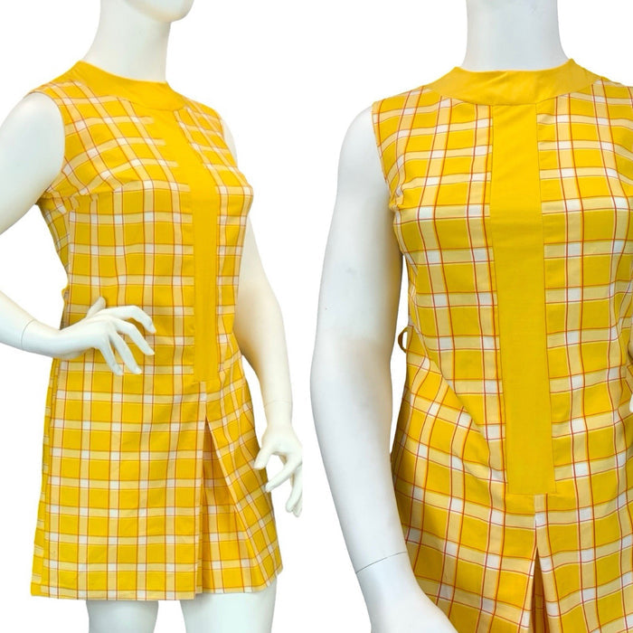VTG 60S 70S YELLOW RED WHITE PLAID RETRO MOD PLEAT PLAYSUIT JUMPSUIT 16 14