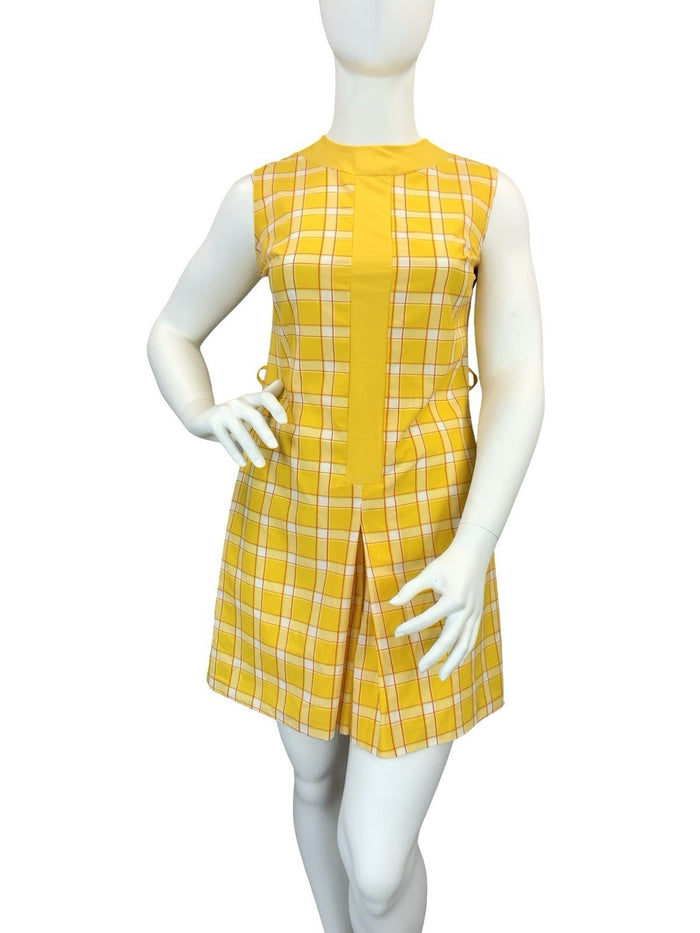 VTG 60S 70S YELLOW RED WHITE PLAID RETRO MOD PLEAT PLAYSUIT JUMPSUIT 16 14