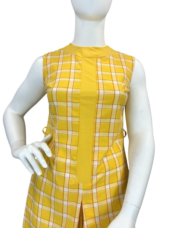 VTG 60S 70S YELLOW RED WHITE PLAID RETRO MOD PLEAT PLAYSUIT JUMPSUIT 16 14
