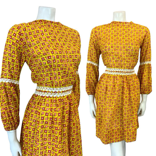 VTG 60S 70S YELLOW RED WHITE ROMANTIC MOD FLORAL JULIET SLEEVE MINI DRESS 8