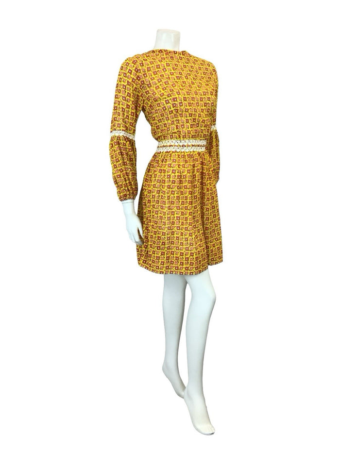 VTG 60S 70S YELLOW RED WHITE ROMANTIC MOD FLORAL JULIET SLEEVE MINI DRESS 8
