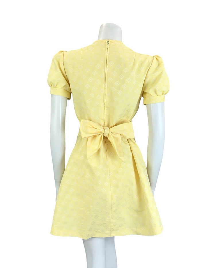 VTG 60S 70S YELLOW WHITE DIAMOND GEOMETRIC PUFF SLEEVE TIE MOD MINI DRESS 14