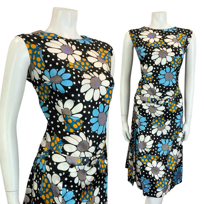 VTG 60S BLACK BLUE WHITE YELLOW POLKA DOT FLORAL DROPPED WAIST SHIFT DRESS 16