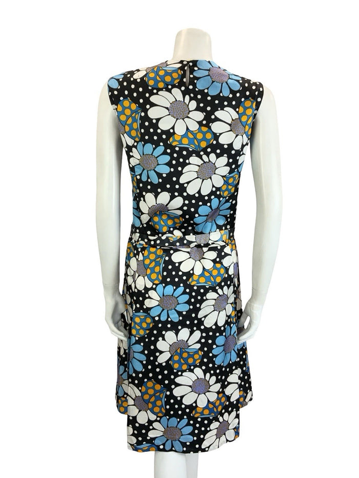 VTG 60S BLACK BLUE WHITE YELLOW POLKA DOT FLORAL DROPPED WAIST SHIFT DRESS 16