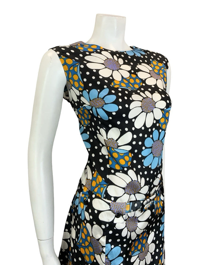 VTG 60S BLACK BLUE WHITE YELLOW POLKA DOT FLORAL DROPPED WAIST SHIFT DRESS 16