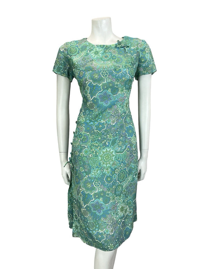 VTG 60S BLUE GREEN TEAL PURPE PSYCHEDELIC FLORAL MANDALA BOW PLEAT DRESS 12