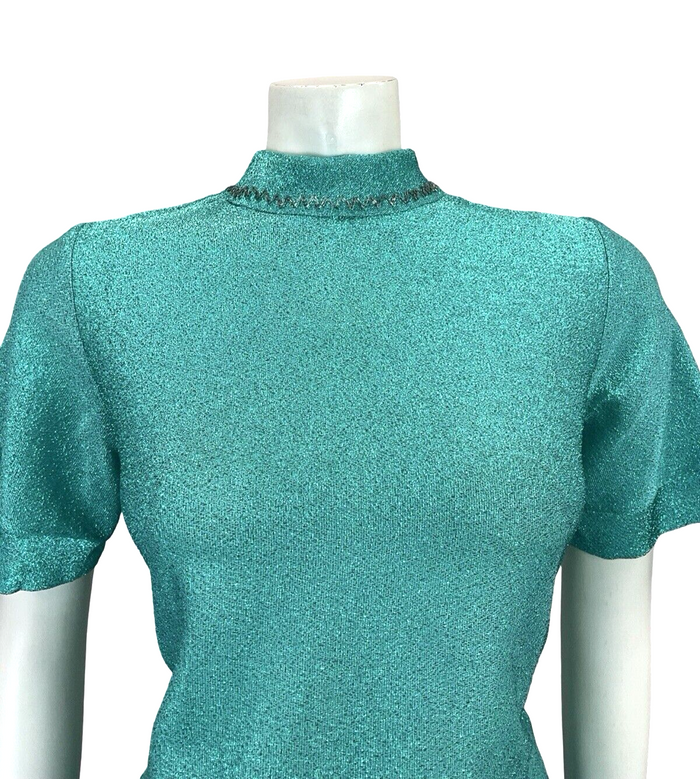 VTG 60S BLUE LUREX DISCO STUDIO 54 SILVER BEADED REMOVABLE COLLAR PARTY TOP 8 10