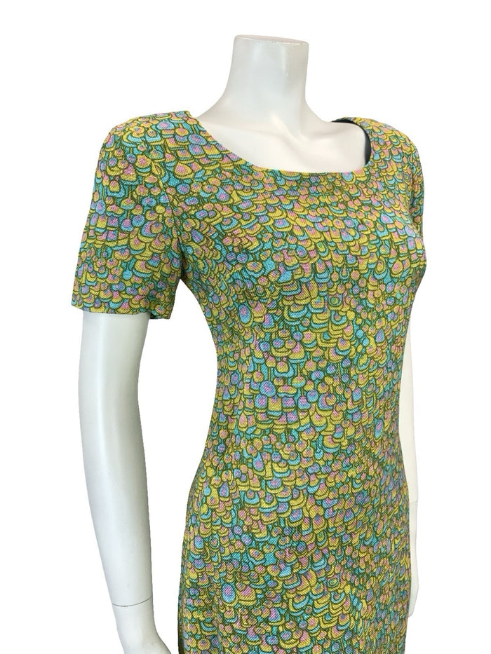 VTG 60S BLUE PINK YELLOW PSYCHEDELIC SCALES DOTTY SCOOP NECK MOD MINI DRESS 8