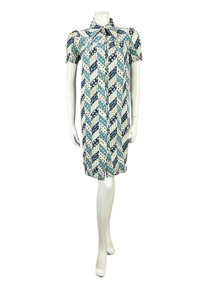 VTG 60S BLUE WHITE GREEN FLORAL ZIG ZAG GEOMETRIC MOD DAGGER TENT DRESS 8