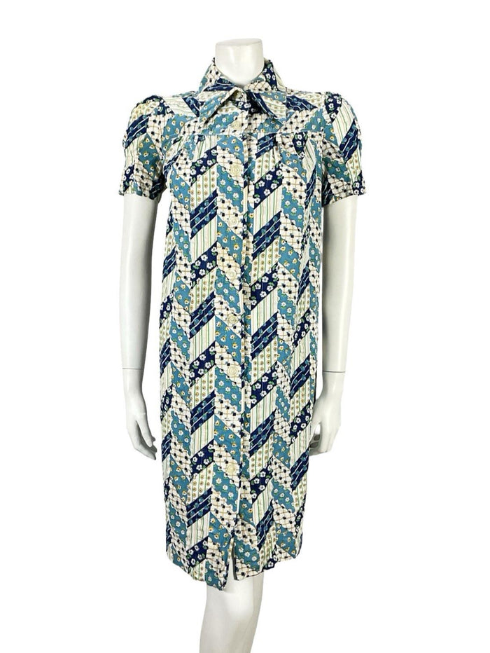 VTG 60S BLUE WHITE GREEN FLORAL ZIG ZAG GEOMETRIC MOD DAGGER TENT DRESS 8