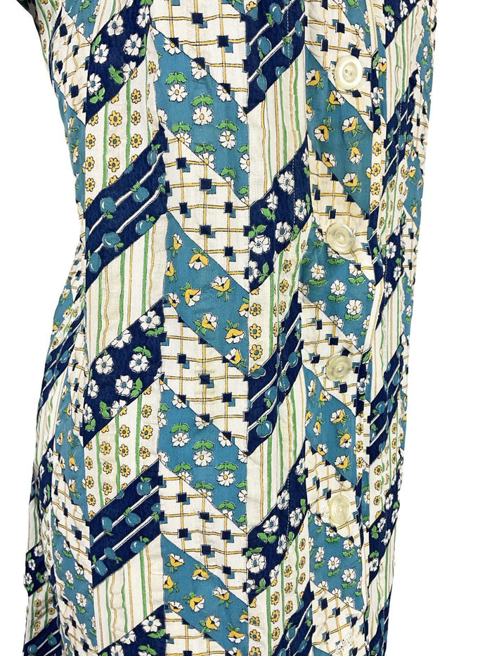 VTG 60S BLUE WHITE GREEN FLORAL ZIG ZAG GEOMETRIC MOD DAGGER TENT DRESS 8