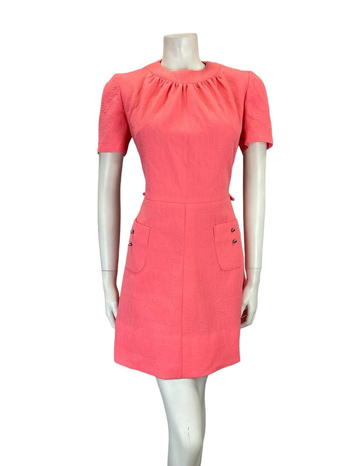 VTG 60S BRIGHT PINK MOD SCOOTER GEOMETRIC EMBOSSED MINI DRESS W/ POCKETS 8 10 S