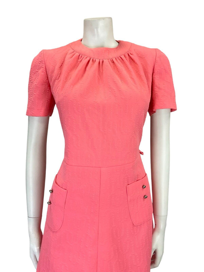 VTG 60S BRIGHT PINK MOD SCOOTER GEOMETRIC EMBOSSED MINI DRESS W/ POCKETS 8 10 S