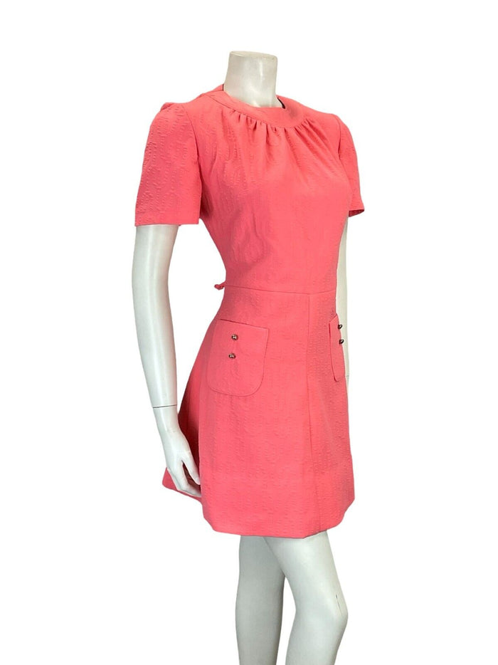 VTG 60S BRIGHT PINK MOD SCOOTER GEOMETRIC EMBOSSED MINI DRESS W/ POCKETS 8 10 S