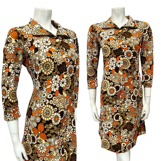 VTG 60S BROWN ORANGE WHITE BEIGE PSYCHEDELIC FLORAL SHIFT SHIRT DRESS 12