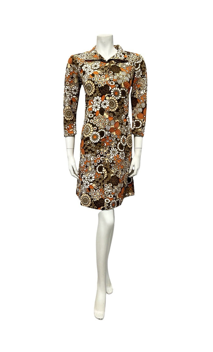 VTG 60S BROWN ORANGE WHITE BEIGE PSYCHEDELIC FLORAL SHIFT SHIRT DRESS 12