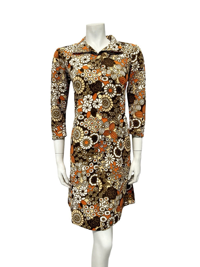 VTG 60S BROWN ORANGE WHITE BEIGE PSYCHEDELIC FLORAL SHIFT SHIRT DRESS 12