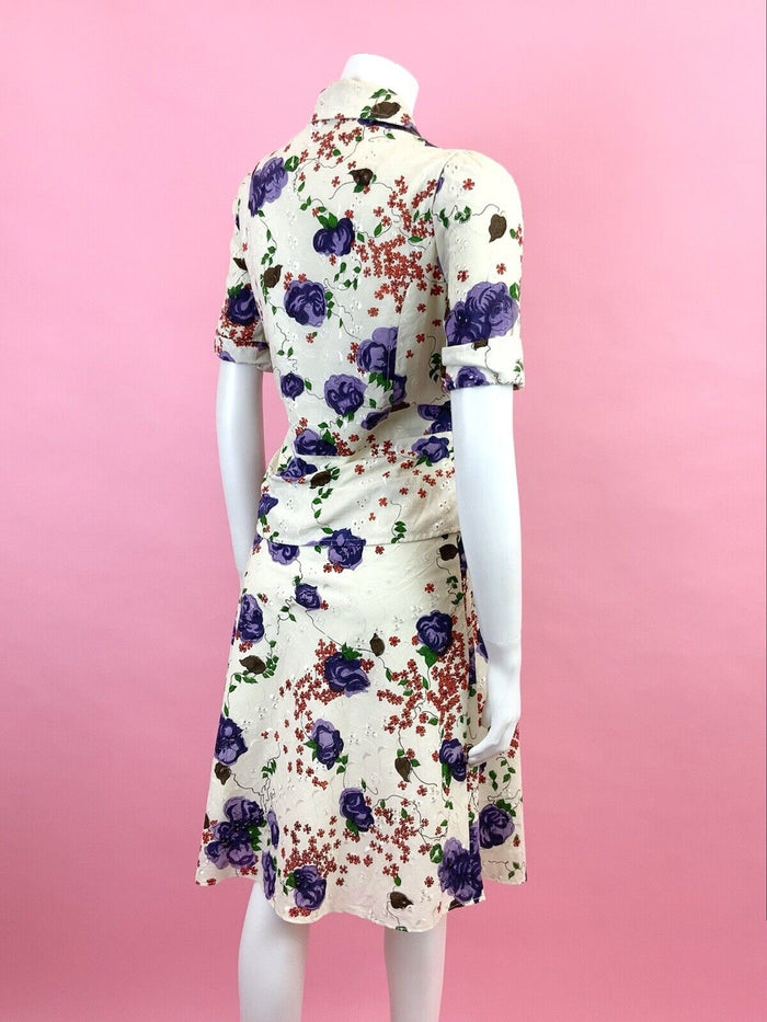 VTG 60s CREAM PURPLE RED EMBROIDERED ANGLAISE FLORAL PEPLUM SHIRT DRESS 12 14