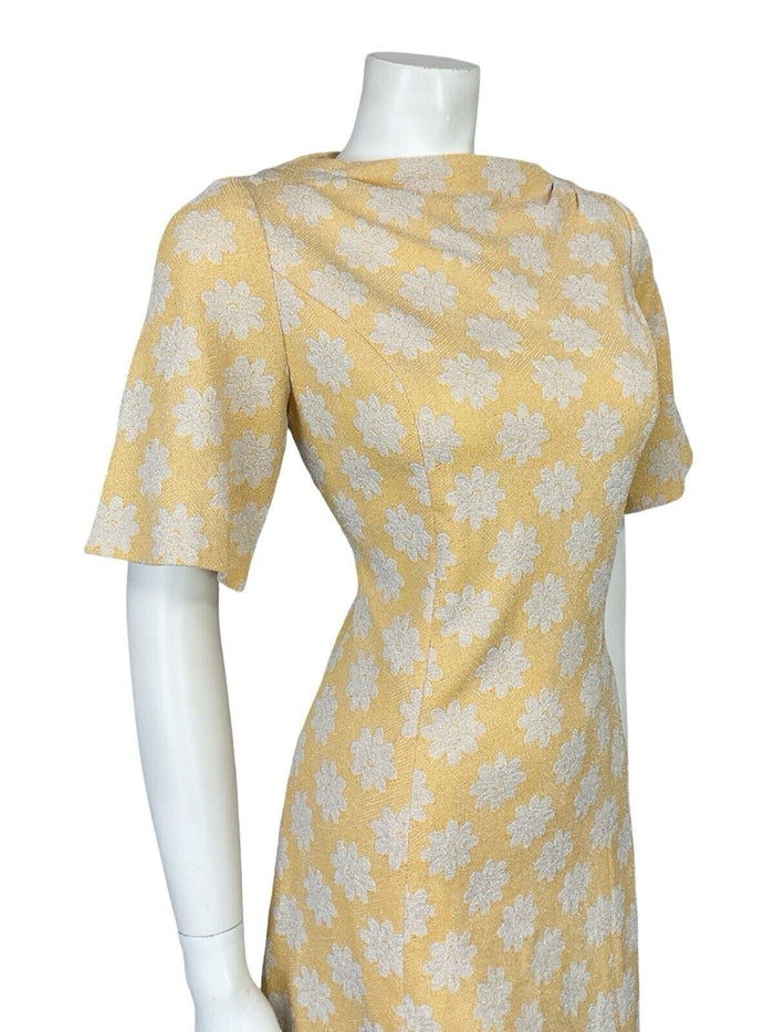 VTG 60S FLOWER POWER SILVER YELLOW GOLD FLARE SHORT SLEEVE PARTY MIDI DRESS 12
