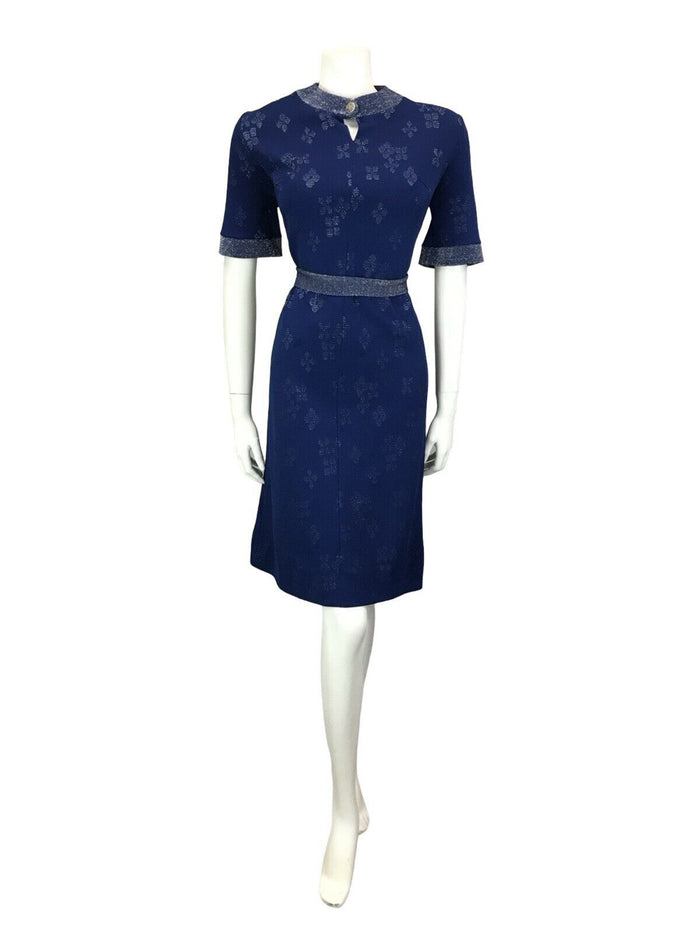 VTG 60S GLITTERY NAVY BLUE SILVER LUREX METALLIC KEYHOLE BELTED MIDI DRESS 12