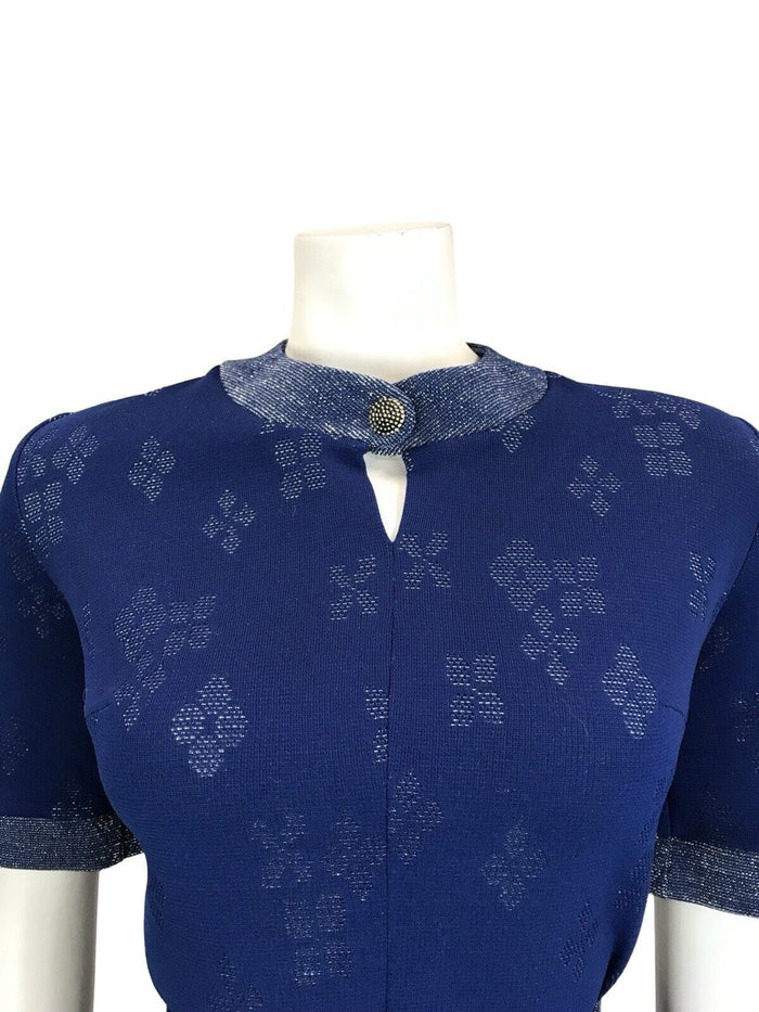 VTG 60S GLITTERY NAVY BLUE SILVER LUREX METALLIC KEYHOLE BELTED MIDI DRESS 12
