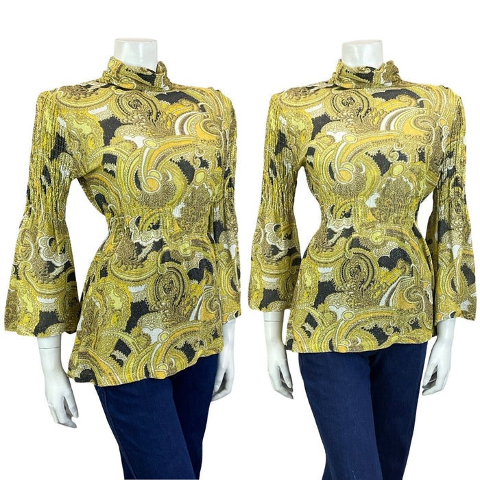 VTG 60S GOLD BLACK WHITE LUREX GLITTERY FLARE SLEEVE RUCHED COLLAR BLOUSE 8