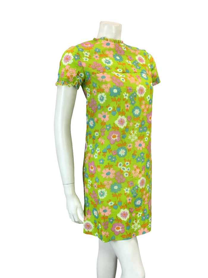 VTG 60S GREEN PINK PURPLE BLUE ORANGE FLORAL MOD FLORAL RUFFLE SHIFT DRESS XS 6