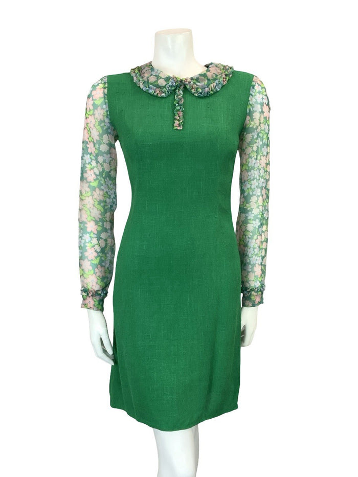 VTG 60S GREEN PINK PURPLE MOD FLORAL MESH RUFFLE PETER PAN COLLAR PENCIL DRESS 6