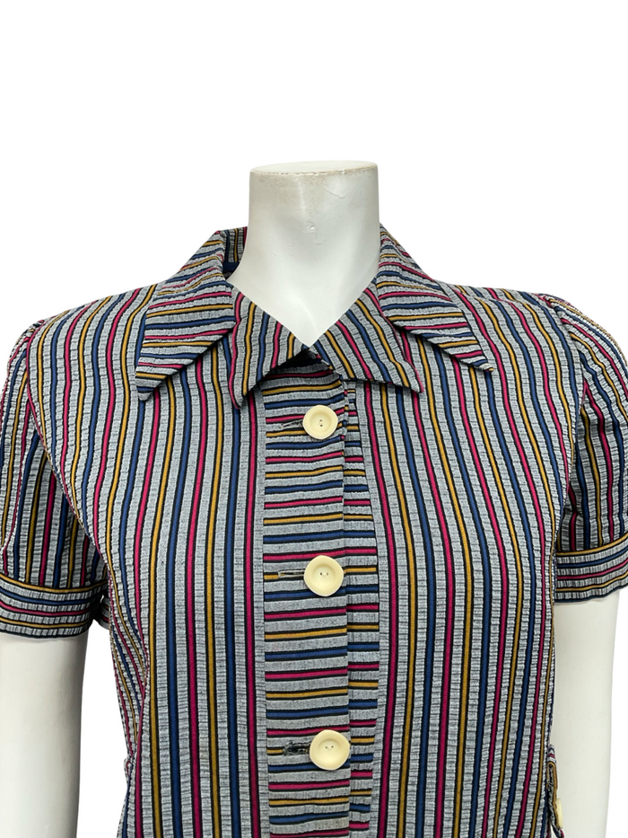 VTG 60S GREY BLUE PINK YELLOW STRIPED MOD PUFF SLEEVE SHIFT DRESS 10