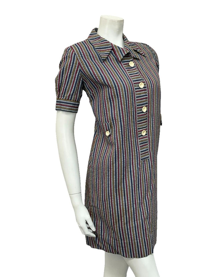 VTG 60S GREY BLUE PINK YELLOW STRIPED MOD PUFF SLEEVE SHIFT DRESS 10