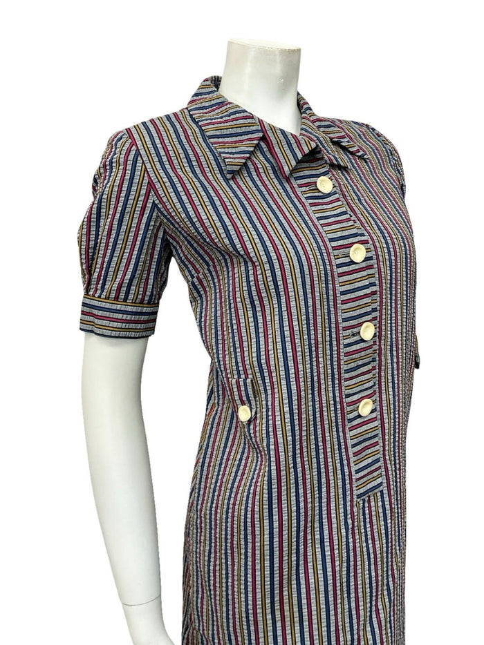 VTG 60S GREY BLUE PINK YELLOW STRIPED MOD PUFF SLEEVE SHIFT DRESS 10