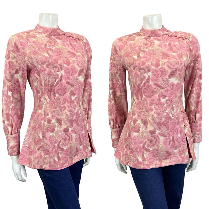 VTG 60S HIPPY PINK CREAM SPARKLING HIGH NECK BISHOP SLEEVE TUNIC PARTY TOP 8