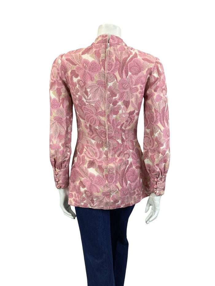 VTG 60S HIPPY PINK CREAM SPARKLING HIGH NECK BISHOP SLEEVE TUNIC PARTY TOP 8