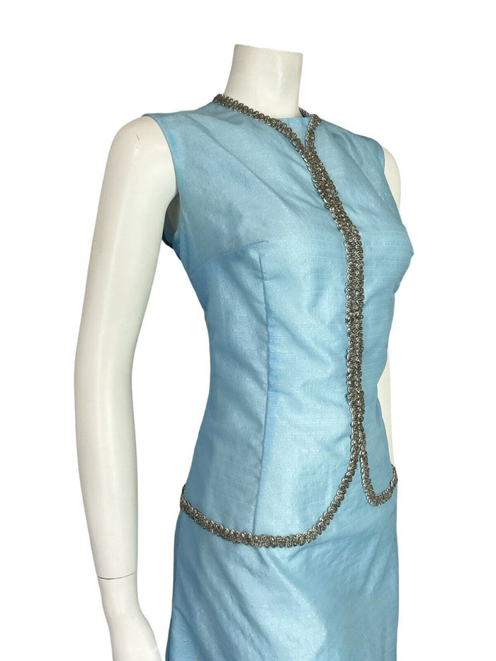 VTG 60S LIGHT BLUE SILVER BEADED TRIM MOD GOGO PARTY SLEEVELESS MINI DRESS 12