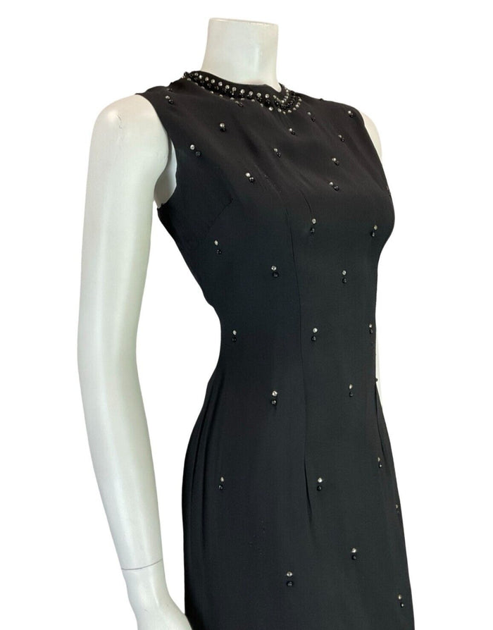 VTG 60S MOD BLACK DIAMANTE SLEEVELESS BEADED BLACK PARTY EVENING DRESS 12