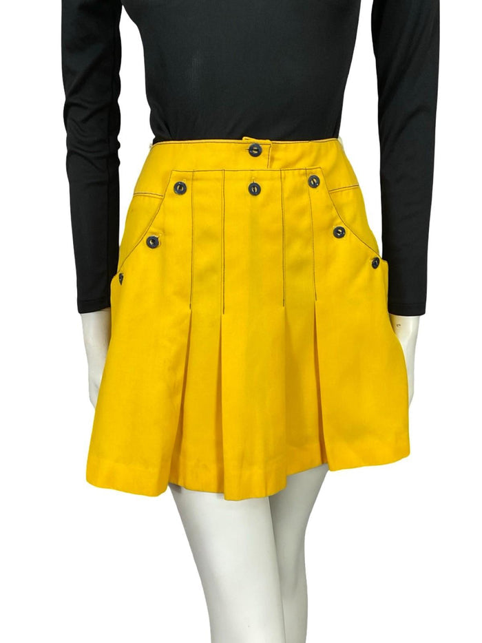 VTG 60S MOD BRIGHT YELLOW NAVY BLUE SAILOR CONTRAST STITCH PLEATED MINI SKIRT 6
